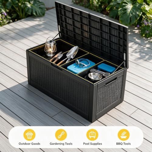 130 Gallon Deck Box,Lockable Outdoor Storage Box Gas Lift,Waterproof,Black