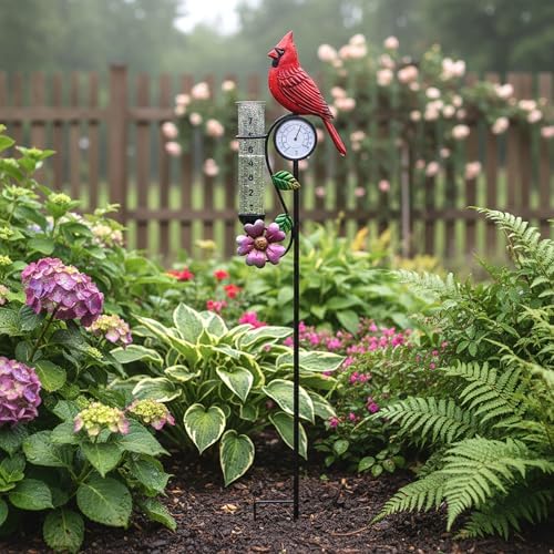 40" Garden Rain Gauge - 7" Glass Tube for Outdoor Indoor Use, Patio Yard Decor Statue,Metal Red Bird Rain Gauge.
