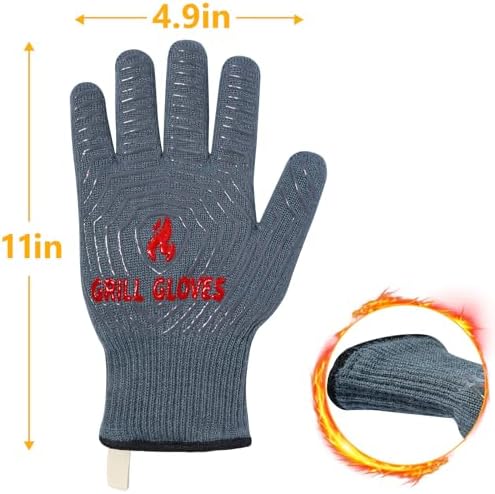 QUWIN BBQ Gloves, Oven Gloves 1472℉ Extreme Heat Resistant, Grilling Gloves Silicone Non-Slip Oven Mitts, Kitchen Gloves for BBQ, Grilling, Cooking, Baking-1 Pair… (Grey, One Size Fits Most)