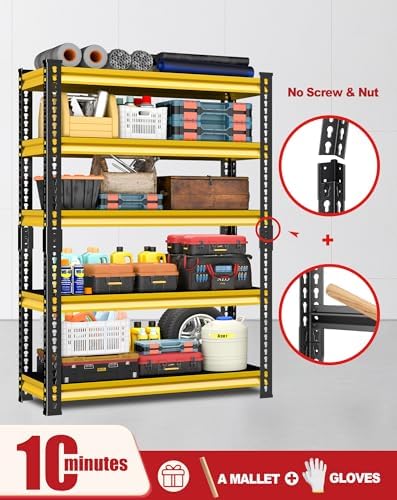 Garage Shelving Heavy Duty, 2200 Lbs Loads Garage Storage Shelves Heavy Duty, 5-Tier Metal Shelving Units and Storage for Basement, Retiple Tanks,40''Wx18 Dx72 H,Yellow