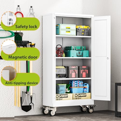 61-Inch Metal Garage Storage Cabinet with Wheels, Locking Doors and Shelves