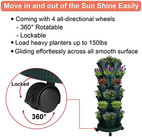 GameXcel Vertical Planter Tower - 6 Tier Stackable Garden Planters with Wheels and Tools Plant Pots for Strawberry Herb Flower and Vegetable Indoor Outdoor Use Green 2 Pack