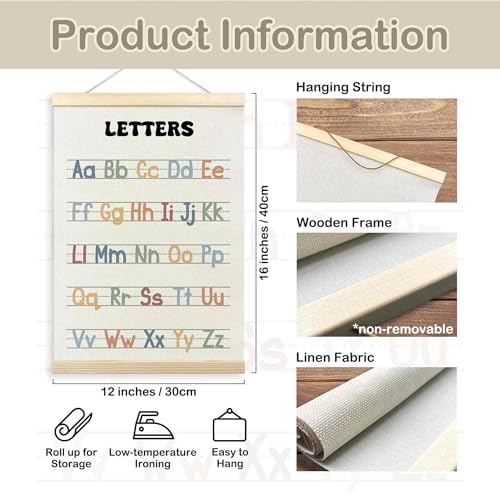 TLESKE Boho Classroom Alphabet ABC Chart Poster Hanger Frame, Homeschool Hanging Wall Art Decor for Toddler Kids Room Nursery Playroom, Preschool Prek Learning Educational Poster Print Banner, 12x16