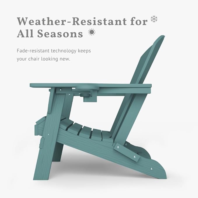 Folding Adirondack Chair with Cup Holders Set of 2, HDPE Plastic Outdoor Chairs, Weather Resistant, Real Wood Look for Patio, Deck, Fire Pit, Backyard, Aruba Blue