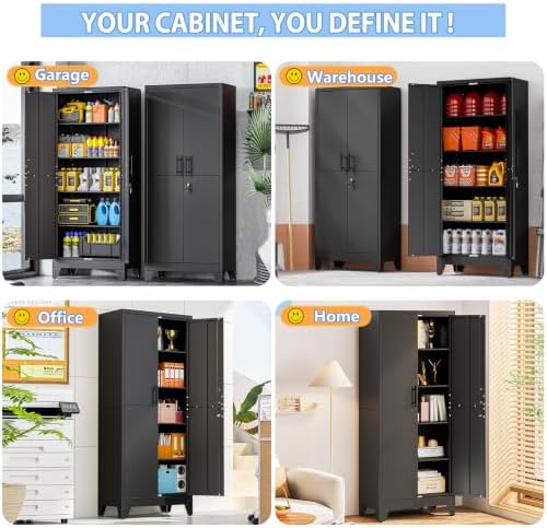 Tall Metal Storage Cabinet with Lock, 4 Adjustable Shelves, Steel Cabinet