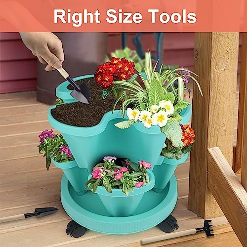 DUNCHATY Stackable Vertical Garden Planter with Wheels, 5 Tier Herb Planter Pots for Growing Vegetables and Succulents, Teal