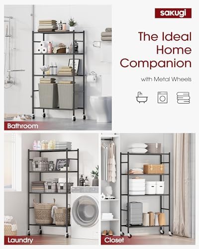 Sakugi 4-Tier Storage Shelves 33.1" x12.6" x58.9" Black with Wheels