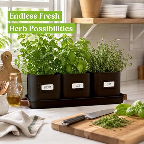 volila Herb Planter Indoor - Set of 3 Black Indoor Herb Garden Pots for Plants with Leather Handled Tray - Window Sill Plant Shelf - Herb Pots with Drainage Holes and Labels
