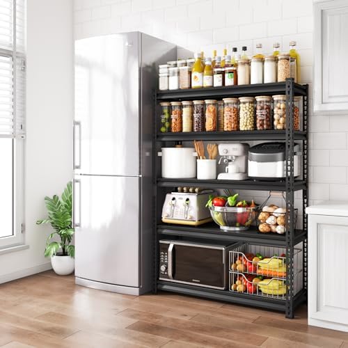 48" W Garage Shelving Heavy Duty,2500LBS Loads Adjustable Garage Storage Shelves, 5-Tier Metal Shelving Units and Storage Racks Heavy Duty, 48”W x 18”D x 78”H,Black…