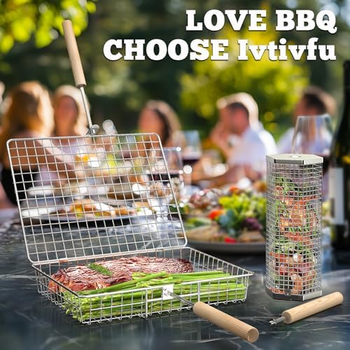 ivtivfu Grill Basket Set, Removable Wooden Handle, Rolling Grilling Tools