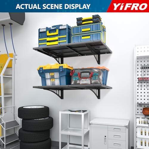 4-Pack 2x3ft Heavy Duty Garage Wall Shelving, 1000 lbs Load Capacity, Garage Shelving Wall Mounted, Garage Storage Rack with Hooks, Black