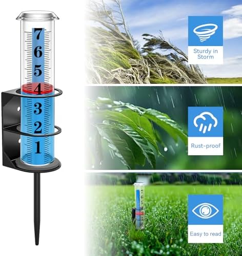 Rain Gauge Outdoor, Accurate Rain Gauges Outdoors Best Rated with Metal Rack Holder, Water Rain Meter with Thickened Plastic Large Font Tube for Yard, Easy to Read with Red Float