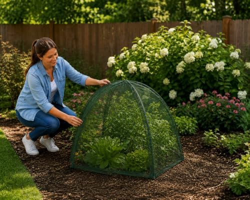NuVue Products 25203 Pop-Up Garden Netting Animal and Bug Guard Covers with Ground Spikes, Mesh Plant Cover Tents for Pest and Animal Control, 52" x 52" x 54"
