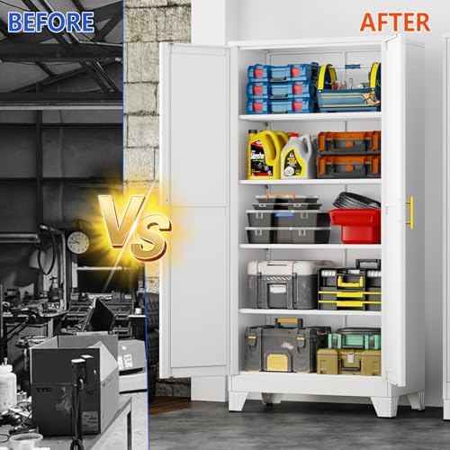GAIOUS 71''Tall Metal Garage Storage Cabinet,File Cabinet with Door and Adjustable Shelves, Outdoor Steel Tool Cabinet for Home,Office,Warehouse,Garage,White