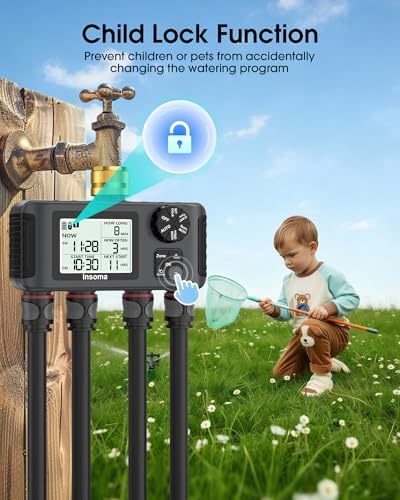 Insoma 4 Zones Sprinkler Timer with Brass Inlet & Outlet, Water Timer for Garden Hose with Auto/Manual/Rain Delay Mode, Hose Timers for Irrigation Watering System for Yard, Lawn, Plant Watering