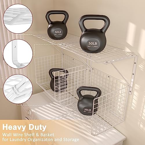 2 Pack Laundry Room Shelves Wall Mounted with Wire Baskets, Over the Washer and Dryer Shelf with Clothes Drying Rack, 8 Hooks,Wire Shelves Baskets for Laundry Closet Organization and Storage, White