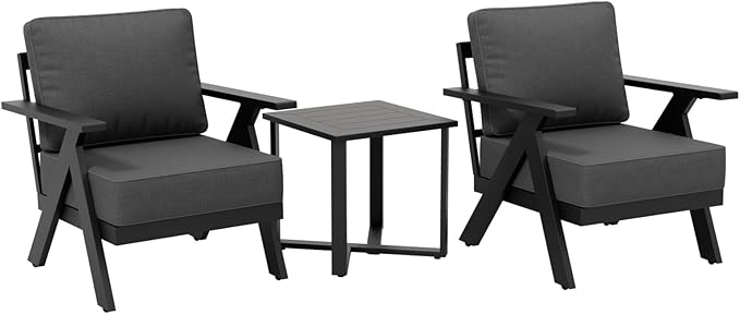 COOS BAY Iron Luxe Modern 3 Piece Outdoor Bistro Set, Patio Chairs and Side Table, Outdoor Seating Set for Balcony, Deck, Porch, or Garden, Black/Gray