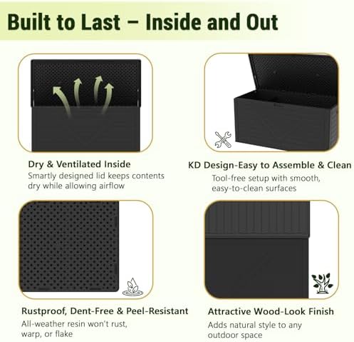 Outdoor Storage Box,260 Gallon Deck Box Outdoor Storage Bench Outside Waterproof Resin Storage Bench, Lockable Patio Cushions, Garden Tools Storage For Furniture, UV Resistant (Black)