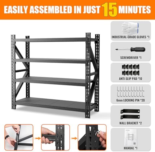 5000LBS 4 Tier Garage Storage Shelves, Heavy Duty Adjustable Storage Rack for Warehouse, Basement, Shop and Office, Commercial-Grade Steel Organizer, 67" W x 24" D x 63" H