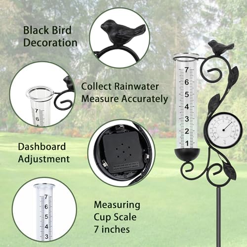 32" Garden Rain Gauge with Thermometer - 7" Glass Tube for Outdoor Indoor Use, Patio Yard Decor Statue