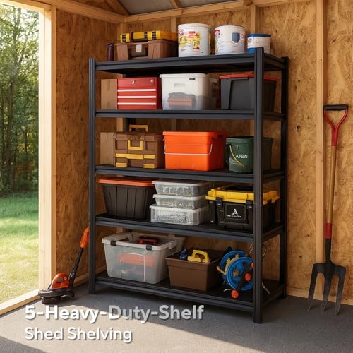 72" H×35.12" W×16" D Adjustable Industrial Metal/Steel 5-Shelf-Storage-Rack Heave Duty Utility Tall Garage/Shed Shelving Shelves Unit/System for Kitchen Pantry Bin, Black