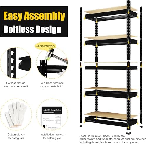 PrimeZone 5 Tier Garage Shelves for Storage, Adjustable Metal Shelf, Black