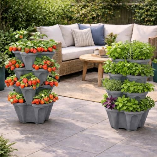 Vertical Garden Planter 4 Tier Stackable System 16 Plants, Space Saving Herb, Strawberry & Food Crop Planter with Center Support Hole for Indoor Outdoor Gardening (4, Slate Gray, Small)