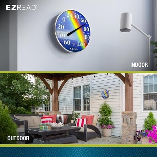 EZREAD Hanging Dial Thermometer 840-1220 Weather Thermometers for Indoor and Outdoor Use, Large 12.5 Inch Diameter, Easy to Read Numbers, Rainbow, Blue/Red/Yellow