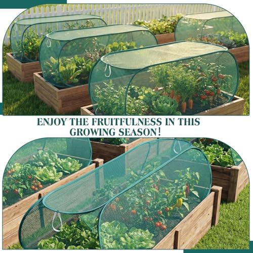 Threehoney 4 Pcs 35'' x 14'' x 16'' Pop up Garden Mesh Plant Cover Outdoor Plant Protector Garden Row Raised Bed Cover with Ground Nails Crop Cage Net for Seedlings Vegetable Fruit Herbs (Dark Green)