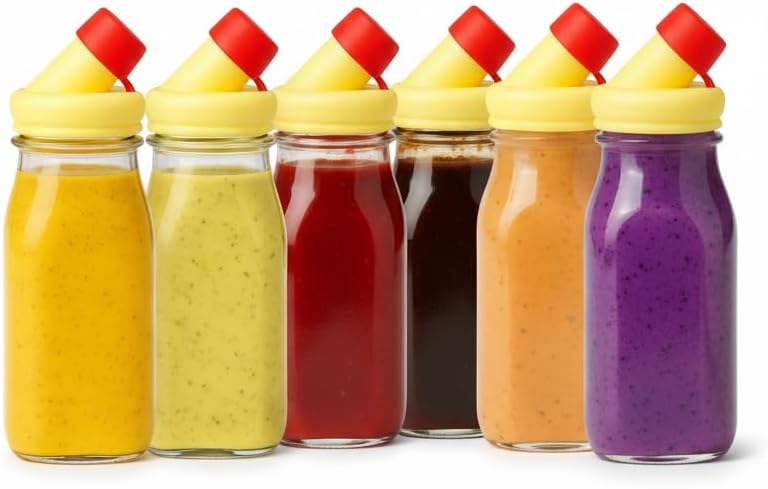 kitchentoolz Salad Dressing Shaker Bottle – 12oz Glass Bottle with Silicone Pour Spout and Tamper-Proof Lid for Sauces and Marinades - Pack of 6