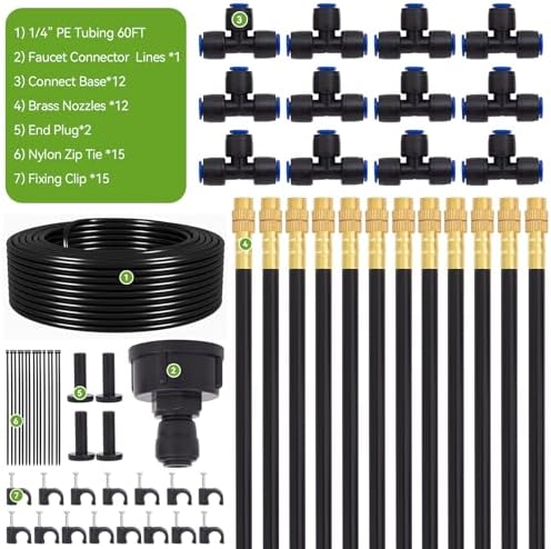 Drip Irrigation System Kit with 12 Pcs Adjustable Brass Nozzles & Bendable Spay Arm, 60ft Garden Watering Misting System for Outdoor Raised Bed, Potted Plant, Yard, Greenhouse