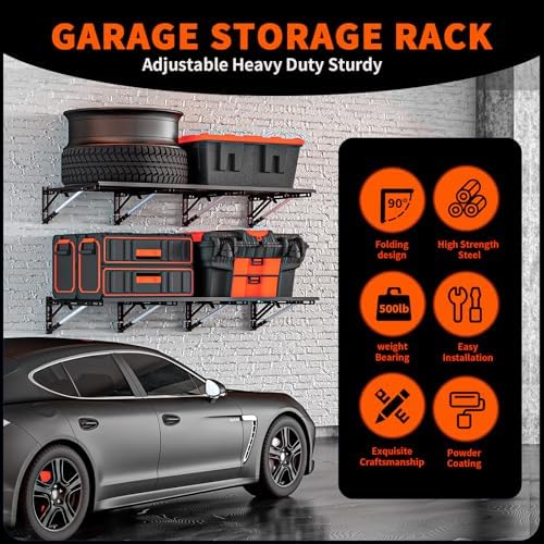 Heavy Duty Foldable Garage Storage Shelves Wall Mounted Metal Rack Unit Organizer with Removable Edge Barriers, Adjustable System for Corner Wall Use, 52.76 Inch Long 24.45 Inch Large