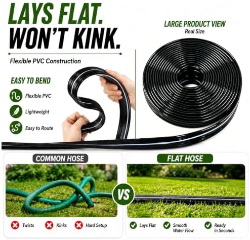 Sprinkler Hose with Holes, Flat Soaker Hose 100 Ft (25 ft 4pack) with Garden Staples and Splitters, Watering Drip Irrigation Hoses for Lawn, Vegetable and Garden Beds (100 ft)