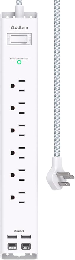 Short Extension Cord 2ft - Addtam Surge Protector Power Strip with 6 AC Outlets 4 USB (2 USB C), Flat Plug, Wall Mount Outlet Extender for Home Office Dorm Room Essentials, White
