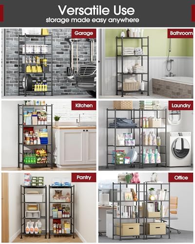 Sakugi Storage Shelves - 4 Tier Shelf Organizer, Sturdy Metal Garage Shelving with Adjustable Leveling Feet, Space-Saving Shelves Organizer for Pantry, Laundry, Kitchen (18" x 12" x 44", Black)