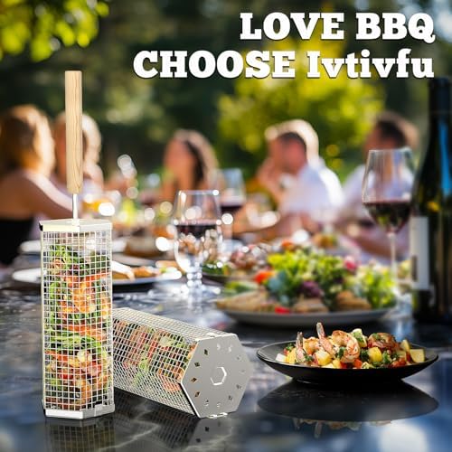 ivtivfu Rolling Grill Baskets, Removable Wooden Handle, Nesting BBQ Tools