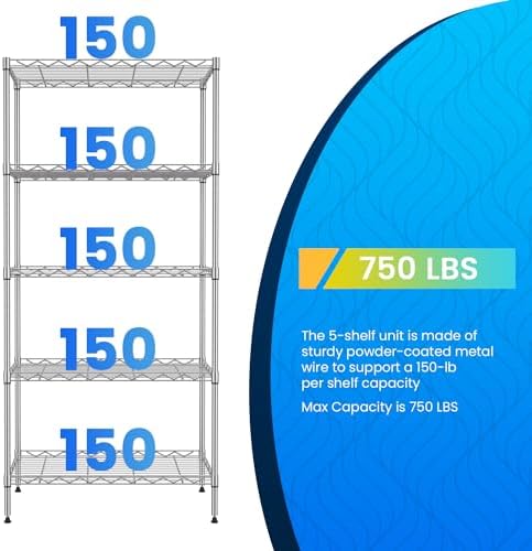 PayLessHere Shelf Metal Shelf Wire Shelving NSF Certified 5 Tier Adjustable Shelf Versatile Storage Solution Steel Organizer Wire Rack Easy Assembly, Chrome