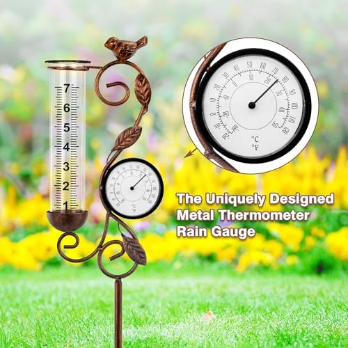 32" Garden Rain Gauge with Thermometer - 7" Glass Tube for Outdoor Indoor Use, Patio Yard Decor Statue