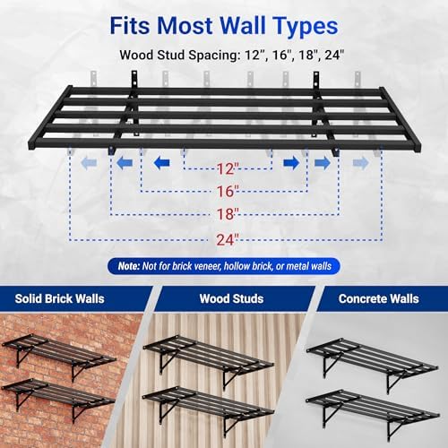 FLEXIMOUNTS Fold-Down 2-Pack 2x4ft Garage Wall Shelving, 600lbs Load, Black