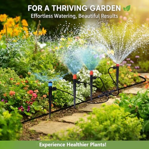 230FT Garden Irrigation System with 40 Nozzles & Emitters, Automatic Watering System with 1/2" & 1/4" Tube and Barbed Fittings, for Raised Beds, Greenhouse, Lawn