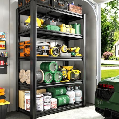 Raybee Storage Shelves Garage Shelving Heavy Duty,5-Tier Adjustable Garage Shelves,Metal Shelving for Garage,Basement, Warehouse,Pantry, 72" H x 31.5" W x 16.5" D,Black