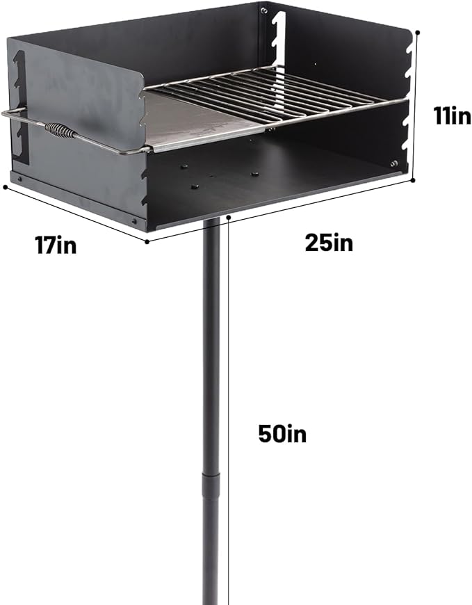 Park-Style Charcoal Grill Heavy Duty Steel Outdoor BBQ Grill with Grate and Single Post Outdoor Cooking Backyard Barbecues Camp Grilling 25x17x11 Inch