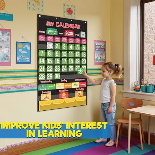 Classroom Black Calendar Pocket Chart for Elementary with 144 Cards