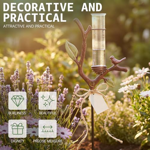 Outdoor Rain Gauge with Metal Branch Stake - 7" Freeze-Proof Water Measuring Tube - Metal Rain Measure Tool - Gardening Gifts for Women - Decorative Rainfall Tracker for Garden Yard & Lawn Decor
