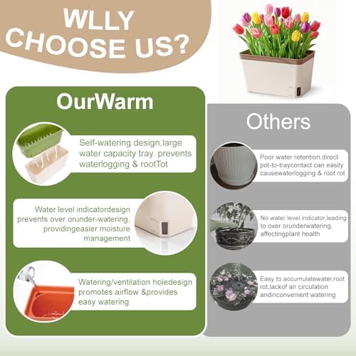 OurWarm Self Watering Pots for Indoor Plants, 6 Pack 10.5 Inch Plastic Window Herb Planter Box with Water Level Indicator, Modern Decorative Windowsill Planters for Herbs, Flowers, Seedlings