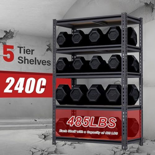 Storage Shelving Unit, 5 Tier Garage ShelvesHeavy Duty, Adjustable Metal Shelving Unit,2400LBS Black forPantry, Basement, Warehouse, Kitchen, Pantry and Closet,72" H