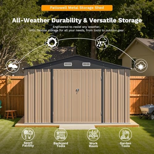 Patiowell 10x12 FT Storage Shed, Outdoor Metal Sheds, Brown
