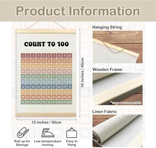 TLESKE Boho Classroom 1-100 Number Hundreds Chart Poster Hanger Frame, Homeschool Hanging Wall Art Decor for Toddlers Kids Room Nursery Playroom, Preschool Prek Learning Educational Poster, 12x16