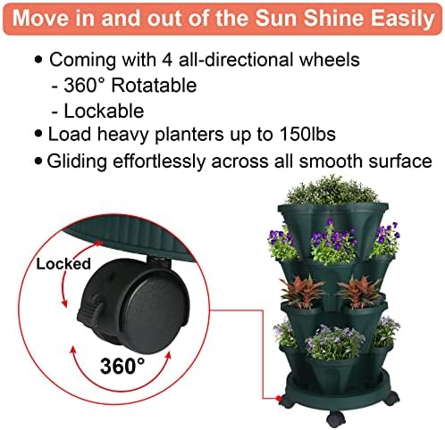 GameXcel Vertical Planter Tower - 4 Tier Stackable Garden Planters with Wheels and Tools Plant Pots for Strawberry Herb Flower and Vegetable Indoor Outdoor Use Green