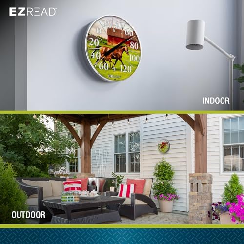 EZREAD Hanging Dial Thermometer - Weather Thermometers for Indoor and Outdoor Use, Large 12.5 Inch Diameter, Easy-to-Read Numbers, Horse and Foal